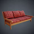 Red Plaid Three Seater Sofa With Wooden Frame And Comfortable Cushions