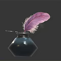 Decorative Inkwell With Pink Feather Blue Black Design Metallic Rim And Dark Background