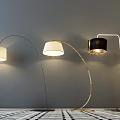 Modern Floor Lamps with Curved Straight Designs and White Black Shades on Grey Background