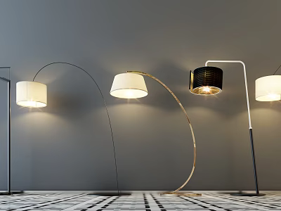 Modern Floor Lamps with Curved Straight Designs and White Black Shades on Grey Background 3d model