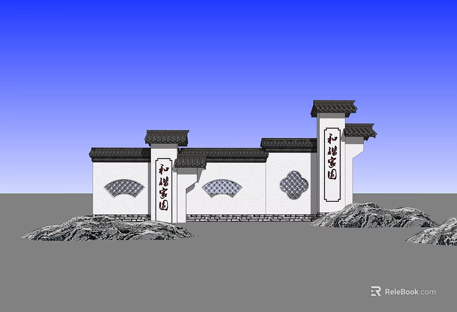 Traditional Chinese Scenic Wall With White Lattice Windows Calligraphy Pillars And Rock Formations 3d model 