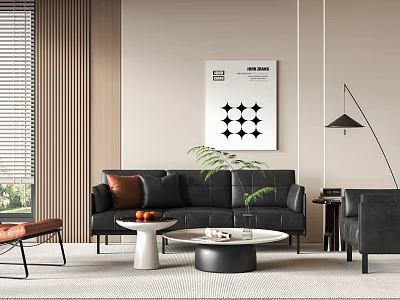 Modern Black Sofa And Coffee Table Set With Floor Lamp Wall Art And Blinds 3d model