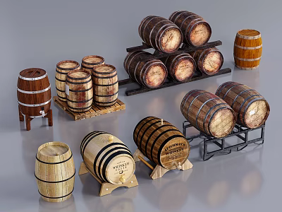 Industrial Equipment Wooden Barrels with Various Stands Racks and Storage Designs for Fermentation Use 3d model