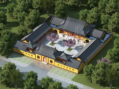Ancient Chinese Architecture Traditional Courtyard With Yellow Walls Black Roofs And Green Trees 3d model