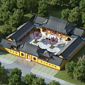 Ancient Chinese Architecture Traditional Courtyard With Yellow Walls Black Roofs And Green Trees