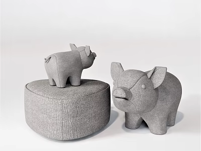 Gray Upholstered Round Sofa Stool With Small Pig Shaped Stools And Decorative Design 3d model