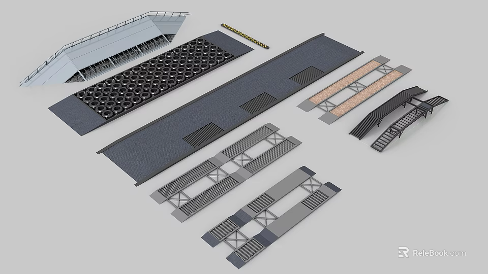 Various Architectural Structure Models Featuring Grid Panels Support Frames Gray Surfaces And Striped Patterns 3d model 