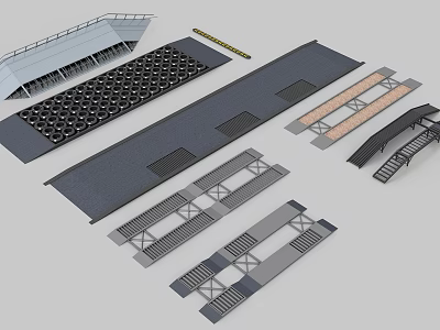 Various Architectural Structure Models Featuring Grid Panels Support Frames Gray Surfaces And Striped Patterns 3d model
