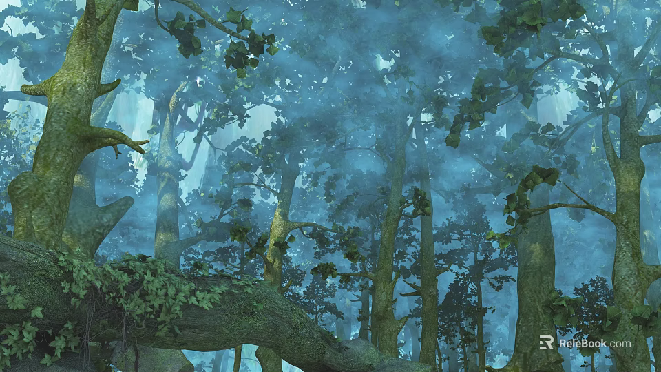 Enchanting Misty Forest Landscape With Tall Trees And Lush Green Foliage 3d model 