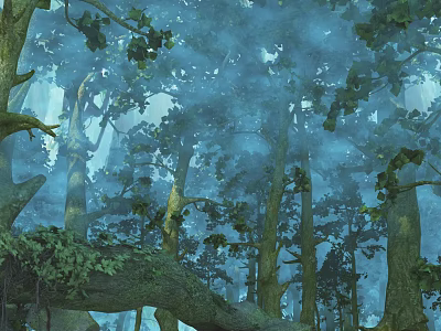 Enchanting Misty Forest Landscape With Tall Trees And Lush Green Foliage 3d model