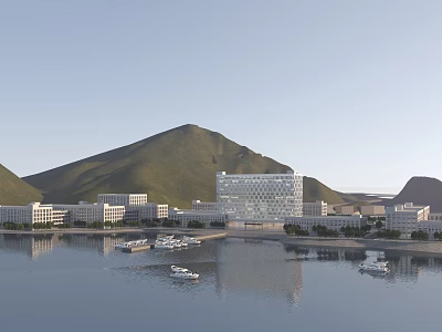 Large Industrial Factory Building With Glass Curtain Wall By Lake Featuring Boats And Mountain Backdrop 3d model