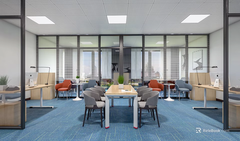 Public Office Space Interior With Large Windows Blue Carpet Wooden Table And Colorful Chairs 3d model 