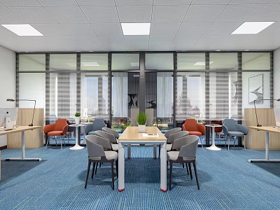 Public Office Space Interior With Large Windows Blue Carpet Wooden Table And Colorful Chairs 3d model