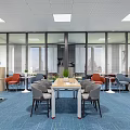 Public Office Space Interior With Large Windows Blue Carpet Wooden Table And Colorful Chairs