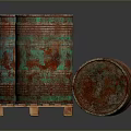 Rusty Metal Barrels Stacked On Wooden Pallet With Tilted Position And Vintage Look