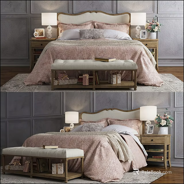 Cozy Double Bed With Pink Quilt Upholstered Headboard Wooden Nightstands Foot Bench And Area Rug 3d model 
