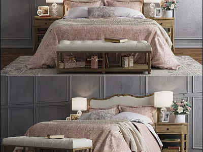 Cozy Double Bed With Pink Quilt Upholstered Headboard Wooden Nightstands Foot Bench And Area Rug 3d model