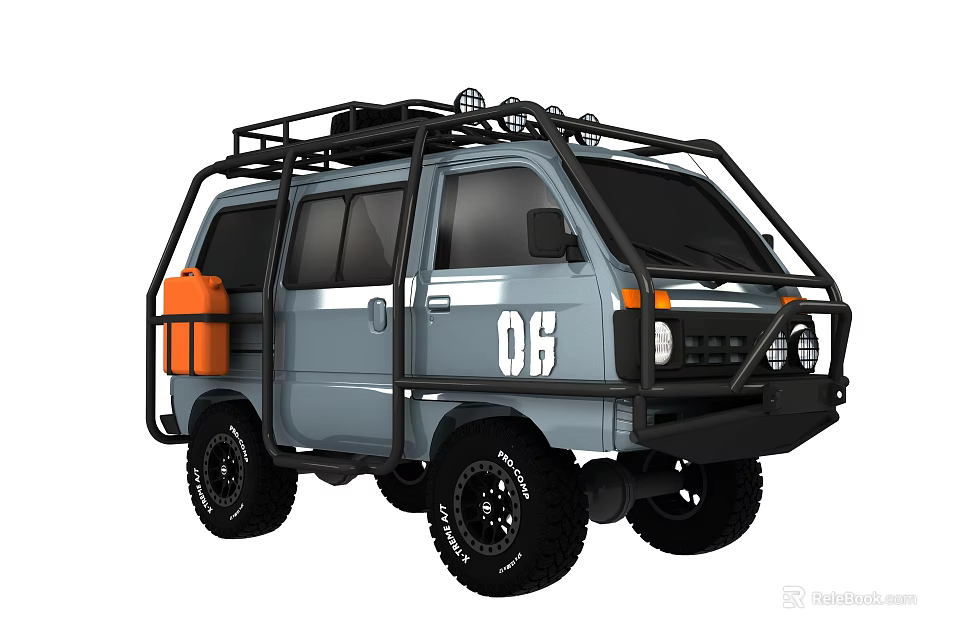 Gray Off Road Adventure Car with Roof Rack Orange Fuel Canister and Large Tires 3d model 
