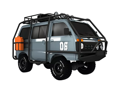 Gray Off Road Adventure Car with Roof Rack Orange Fuel Canister and Large Tires 3d model