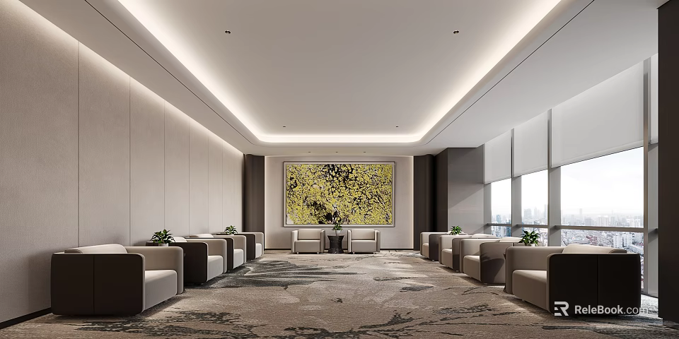 Modern Hotel Public Lounge Area With Comfortable Sofas Large Artwork And Decorative Carpet 3d model 