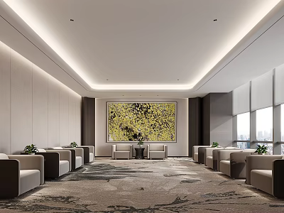 Modern Hotel Public Lounge Area With Comfortable Sofas Large Artwork And Decorative Carpet 3d model