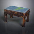 Vintage Stool With Blue Green Upholstered Seat And Rustic Brown Wooden Legs Design