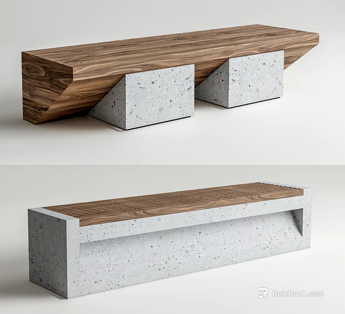 Modern Outdoor Landscape Bench with Wooden Surface and Concrete Support Structure 3d model
