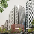 Modern High Rise Office Building With Glass Curtain Wall And Red Brick Base In Urban Setting