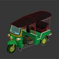 Green Three Wheeled Tuk Tuk With Black Roof And Orange Wheels