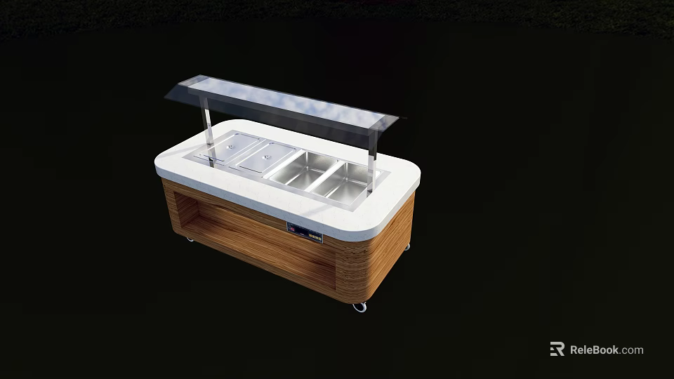 Hotel Lobby Bar Buffet Station With Stainless Steel Containers Transparent Cover And Wooden Base 3d model 