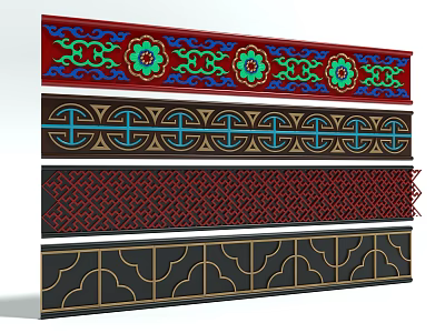 Colorful Traditional Carved Patterns On Decorative Strips With Intricate Designs 3d model