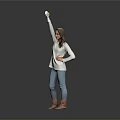 Woman Wearing White Top Blue Jeans Brown Boots Raising Right Hand Against Gray Background