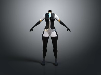 3D Humanoid Character Design With Black White Outfit White Top Black Sleeves Gold Accents 3d model
