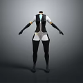 3D Humanoid Character Design With Black White Outfit White Top Black Sleeves Gold Accents