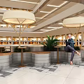 Public Chairs In Mall Interior With Umbrella Structures Plants And Tiled Floor