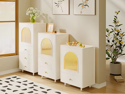 White Dressers With Yellow Arched Details By Window And Plant Paintings On Wall 3d model