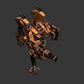 Yellow Mechanical Warrior Creature With Heavy Gun Blue Head Modules And Armor