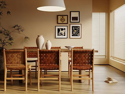 Natural Wood Dining Table Set With Woven Leather Chairs For Warm Sunlit Home Dining Room 3d model