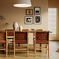 Natural Wood Dining Table Set With Woven Leather Chairs For Warm Sunlit Home Dining Room