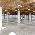 Spacious Interior With Wooden Ceiling Ceiling Fans Recessed Lights White Columns Large Windows Marble Floor