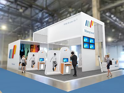 Marpacel Modern Exhibition Booth With White Design Interactive Displays Multiple Screens And People Around 3d model