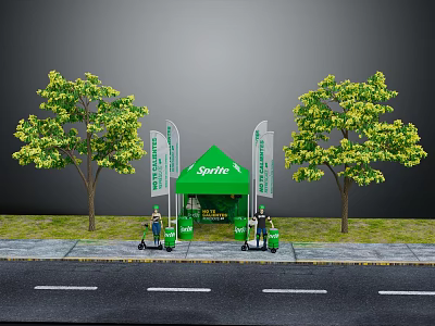 Sprite Green Tent Outdoor Setup With Trees And Roadside Grass 3d model