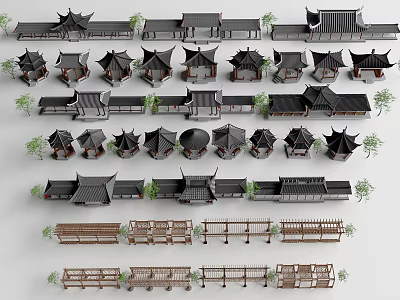 Various Traditional Chinese Garden Pavilion Designs with Classic Roofs and Wooden Structures for Landscape Architecture 3d model