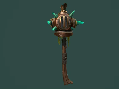 Ornate Mythical Weapon With Wooden Handle Green Decorative Spikes And Metallic Top Structure 3d model