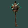 Ornate Mythical Weapon With Wooden Handle Green Decorative Spikes And Metallic Top Structure