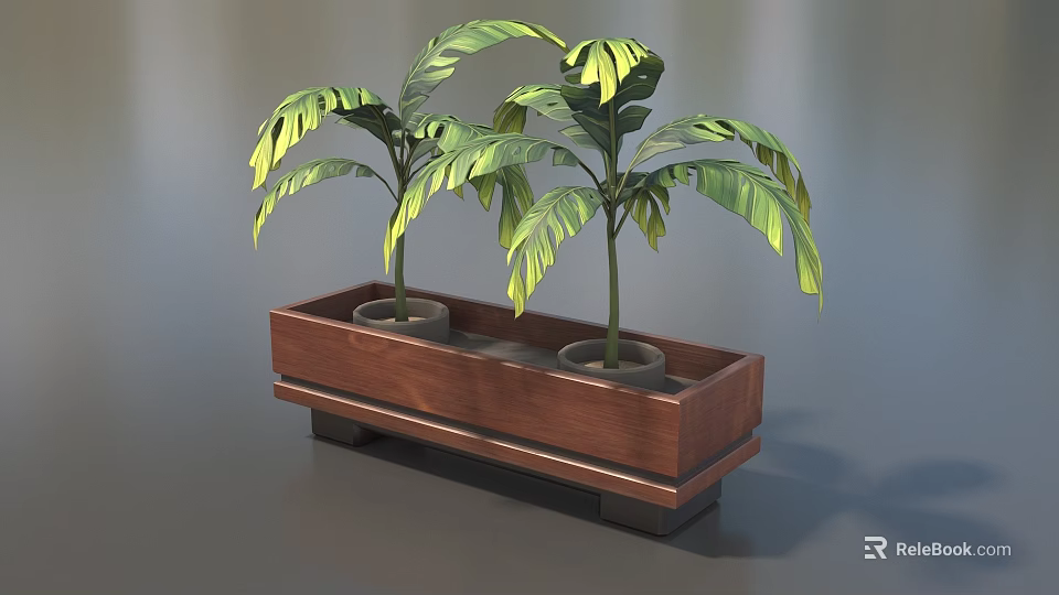 Two Bonsai Potted Plants In Wooden Rectangular Planter With Green Leaves 3d model