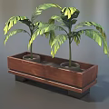 Two Bonsai Potted Plants In Wooden Rectangular Planter With Green Leaves 3d model