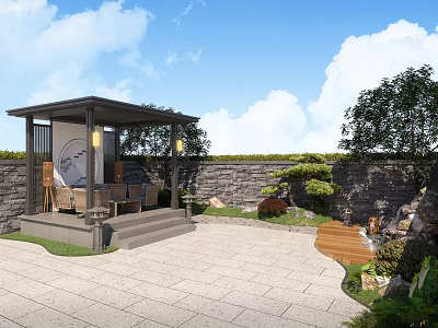 Serene Garden Landscape With Pavilion Stone Wall Outdoor Seating And Lush Trees 3d model
