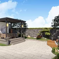 Serene Garden Landscape With Pavilion Stone Wall Outdoor Seating And Lush Trees