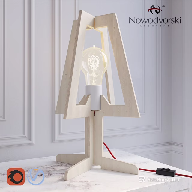 Modern Wooden Table Lamp with Minimalist Geometric Frame and Clear Bulb in White Room 3d model 